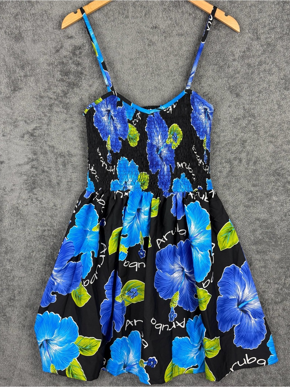 Aruba Hawaiian Floral Smocked Mini Dress Blue Summer One Size Rima Beach World